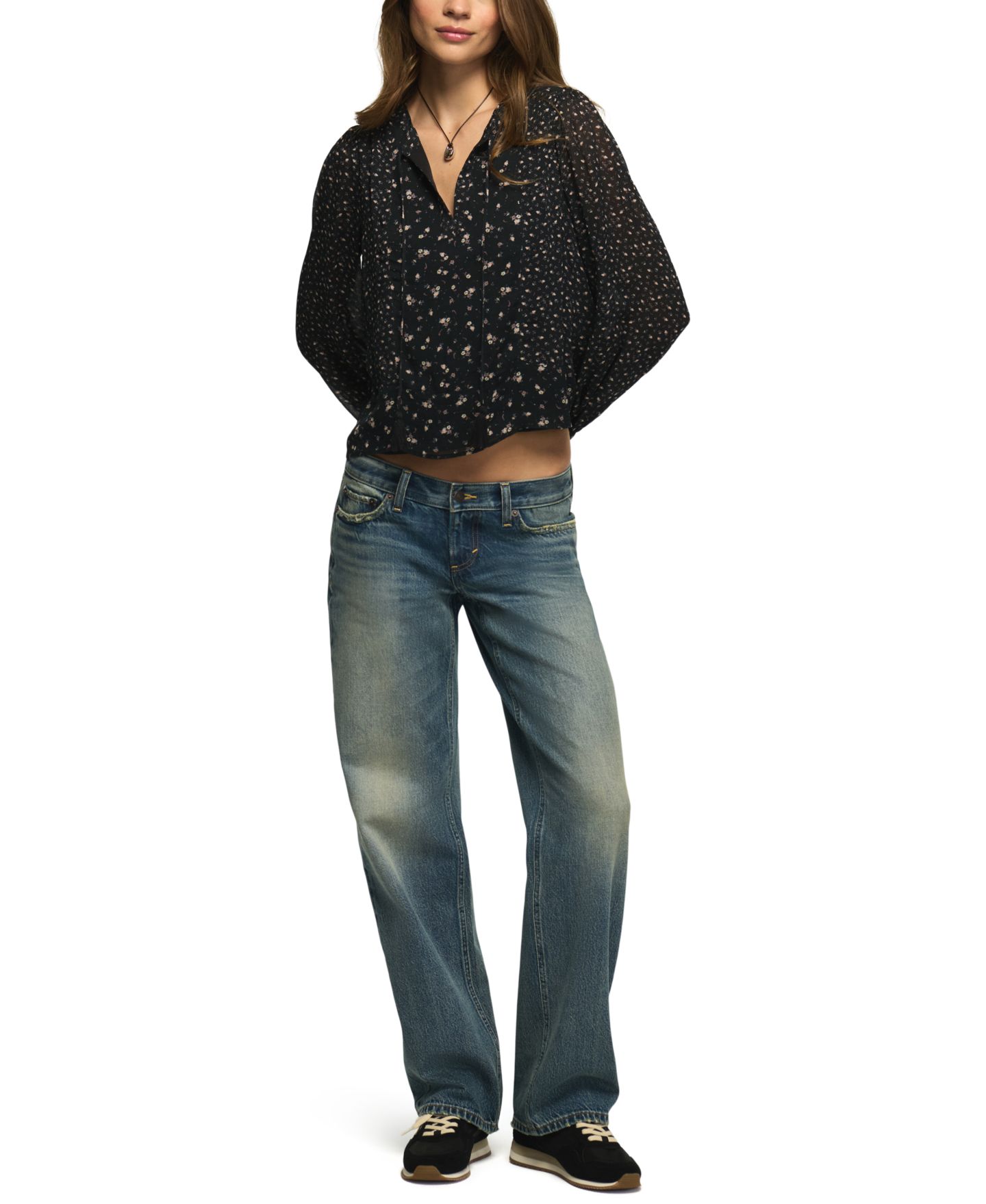 Женский топ Lucky Brand Floral-Print Sheer Long-Sleeve Peasant, цвет: Чёрный с принтом — фото 2