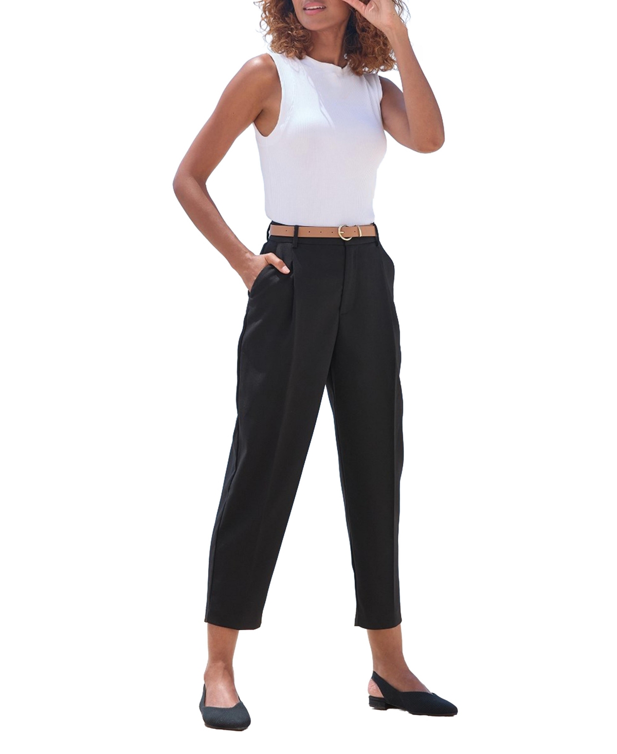 Lascana Women's High-Rise Belted Cropped Barrel-Leg Pants