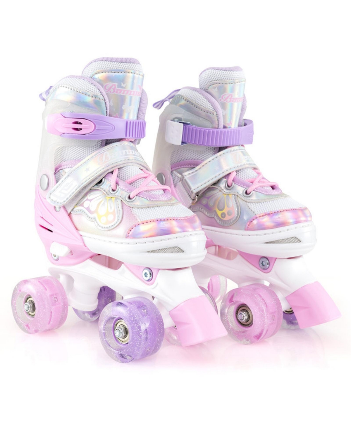 Sugift Kids Roller Skates 4 Sizes Adjustable Quad Skates with Light-Up Wheels and Safety Protection - Pink