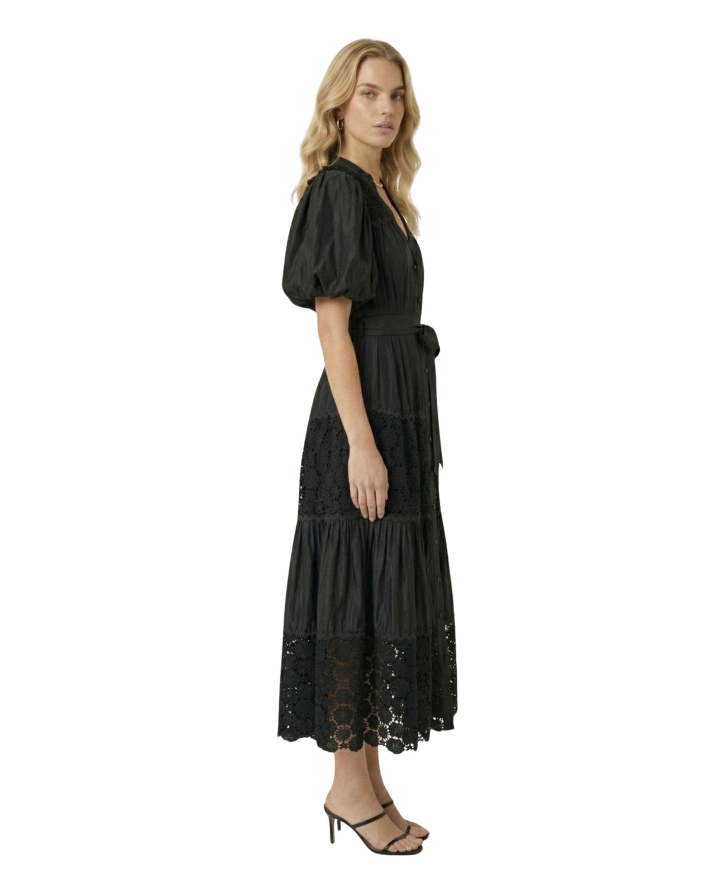 Женское платье Modenaire V-Neck Puff-Sleeve Lace-Panel Midi, цвет: Чёрный — фото 3
