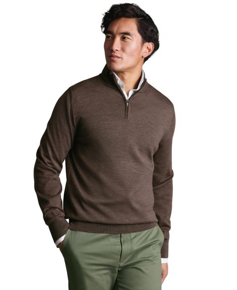 Мужской свитер Charles Tyrwhitt из мериносовой шерсти на молнии до груди, цвет: Мокко
