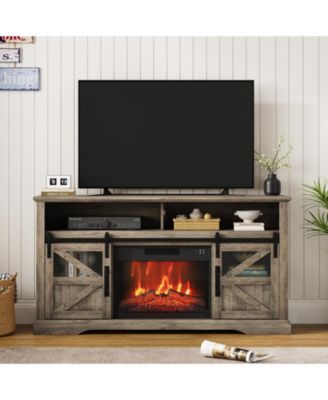 Farmhouse Electric Fireplace TV Stand for TVs, 60" Rustic Media Console with 23" Fireplace Insert, Sliding Barn Door and Storage Cabinets
