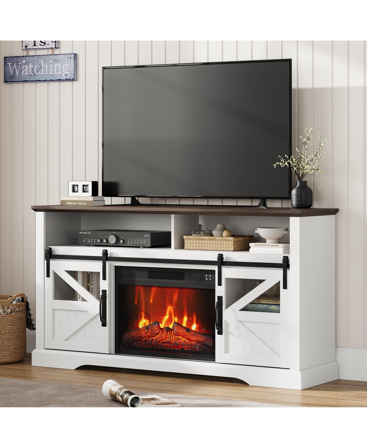 homfan Farmhouse Electric Fireplace Tv Stand for TVs, 60" Media Console with 23" Fireplace Insert, Sliding Barn Door and Storage Cabinet - White