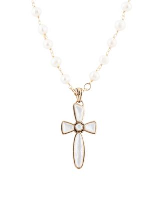Imitation Pearl Cross Las Cruces Pendant Necklace
