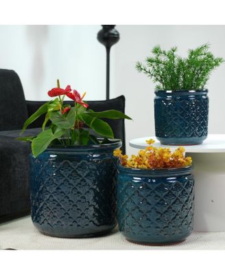 Set of 3 Geometric Ceramic Planters with Breathable Clay