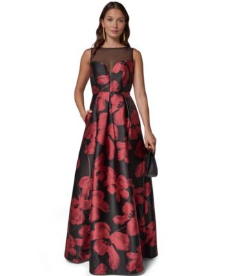 Women's Illusion Sweetheart-Neck Floral-Print Pleated Gown
