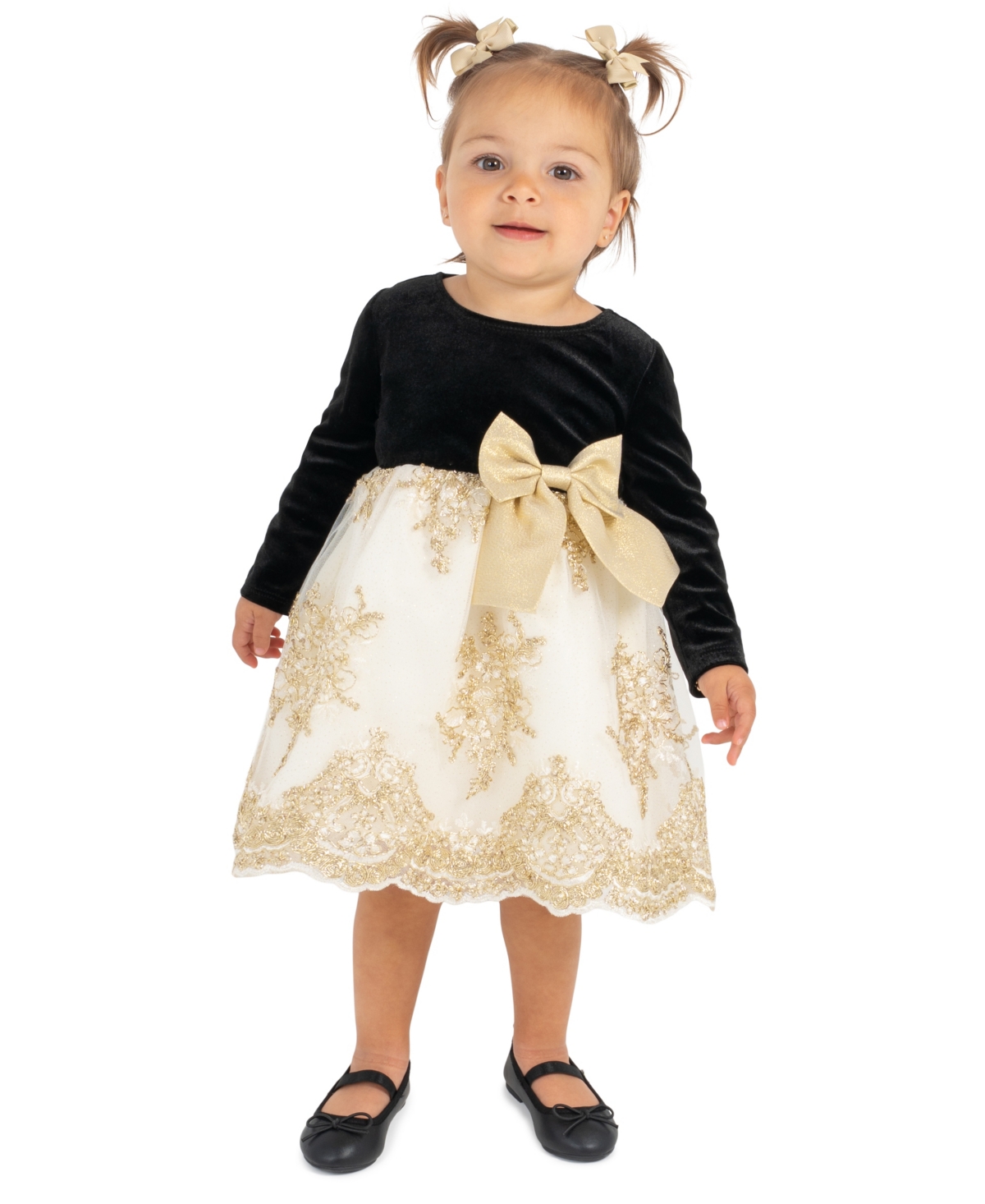 Rare Editions Baby Girls' Velvet Metallic-Bow Embroidered-Scalloped Dress and Bloomer, 2-Piece Set