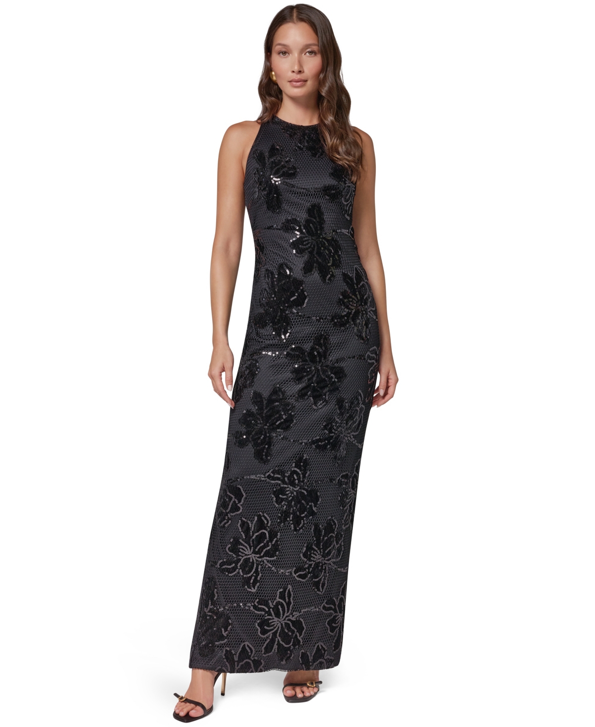 Donna Karan New York Women's High-Neck Floral-Print Sequin Maxi Dress