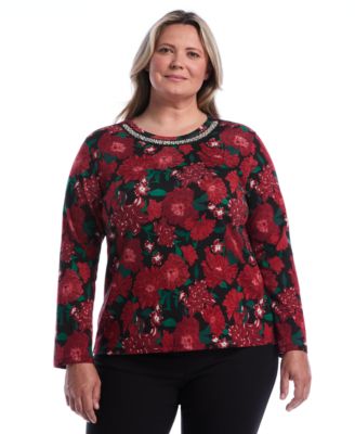 Plus Size Floral-Print Bell-Sleeve Embellished T-Shirt