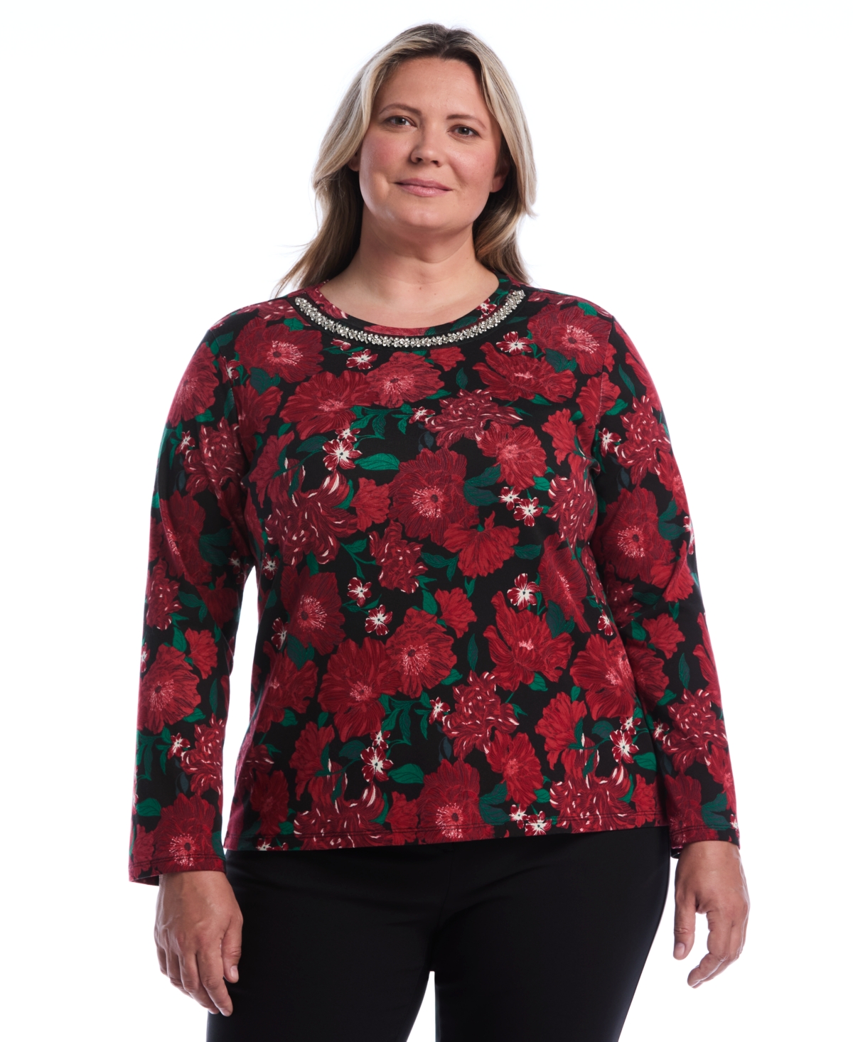 Rafaella Plus Floral-Print Bell-Sleeve Embellished T-Shirt