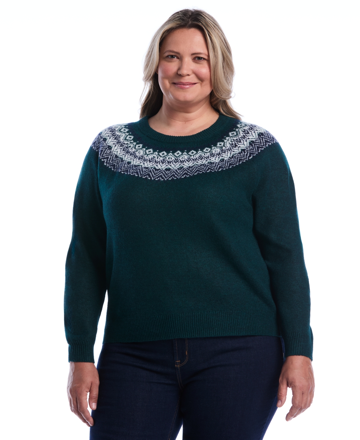 Rafaella Women's Plus Size Fair Isle Crew Neck Sweater Top in Ponderosa Pine, Size 3X, 100% Polyester