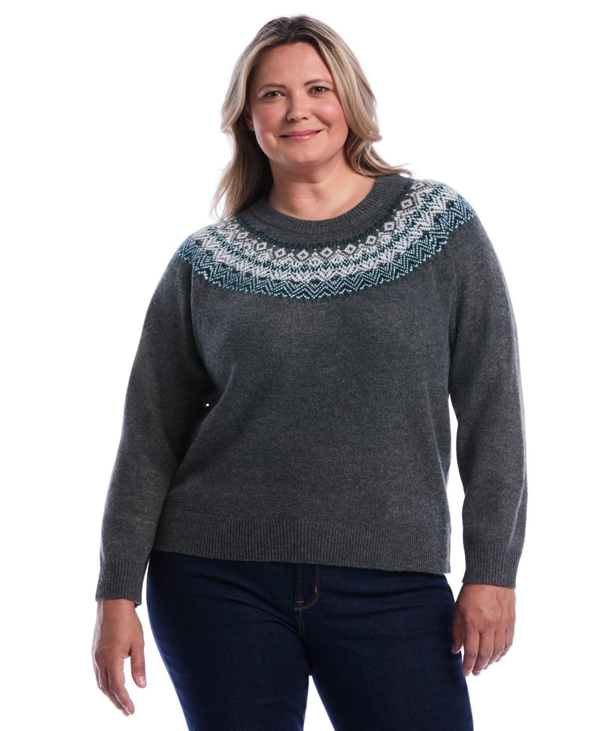 Rafaella Women's Plus Size Fair Isle Crew Neck Sweater Top in Charcoal, Size 3X, 100% Polyester