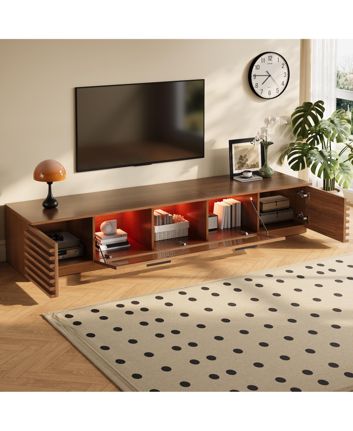 Flynama 70.8" Walnut App Control Rgb Led Glass Flip Door Tv Stand Legless Media Console For 80" Tv