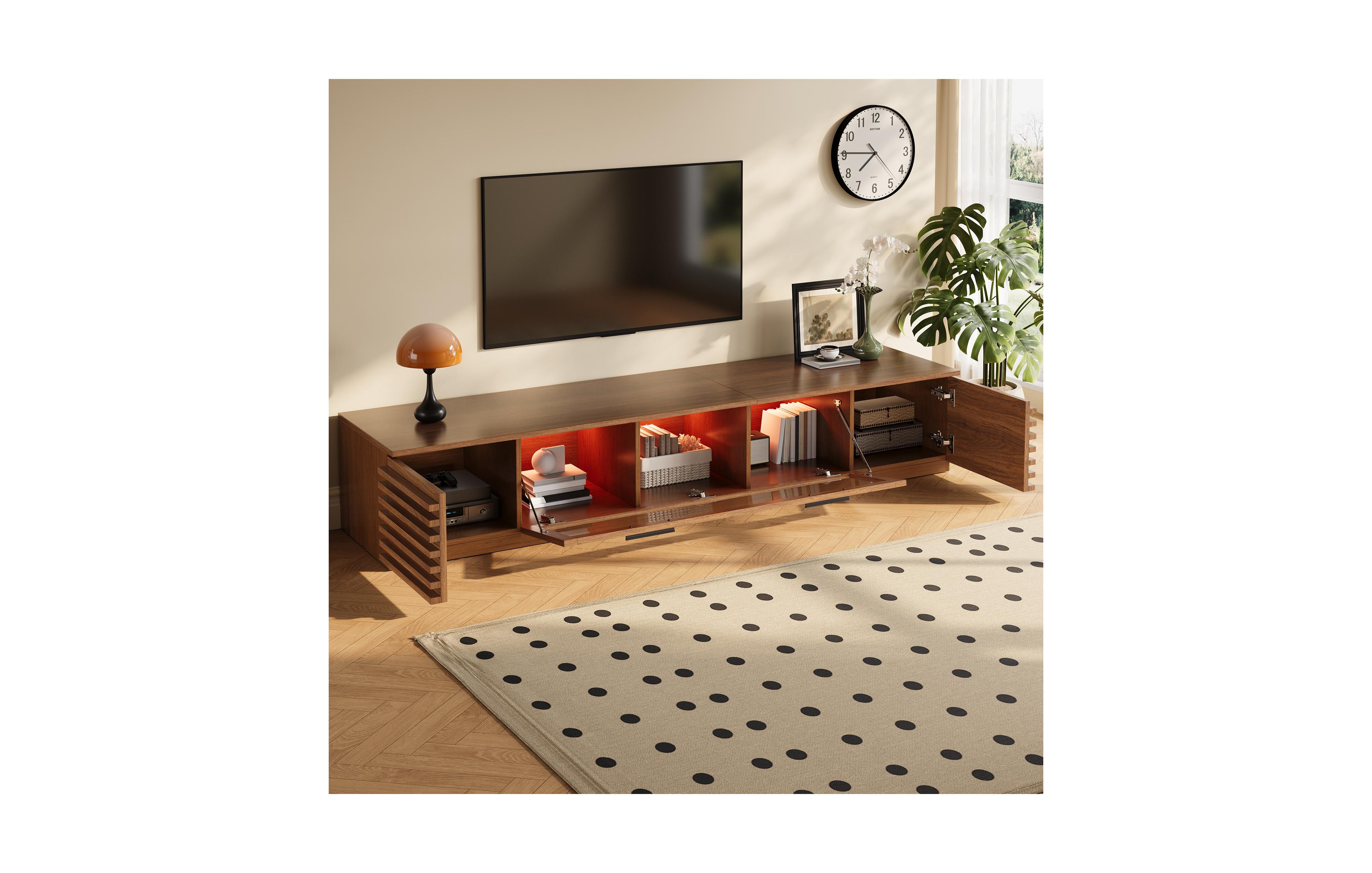 Flynama 70.8" Walnut App Control Rgb Led Glass Flip Door Tv Stand Legless Media Console For 80" Tv