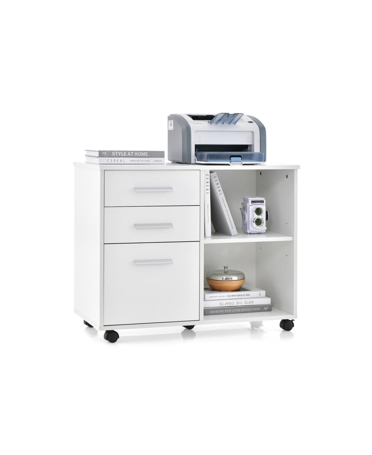 Mecale 3-Drawer Mobile Lateral File Cabinet and Printer Stand - White