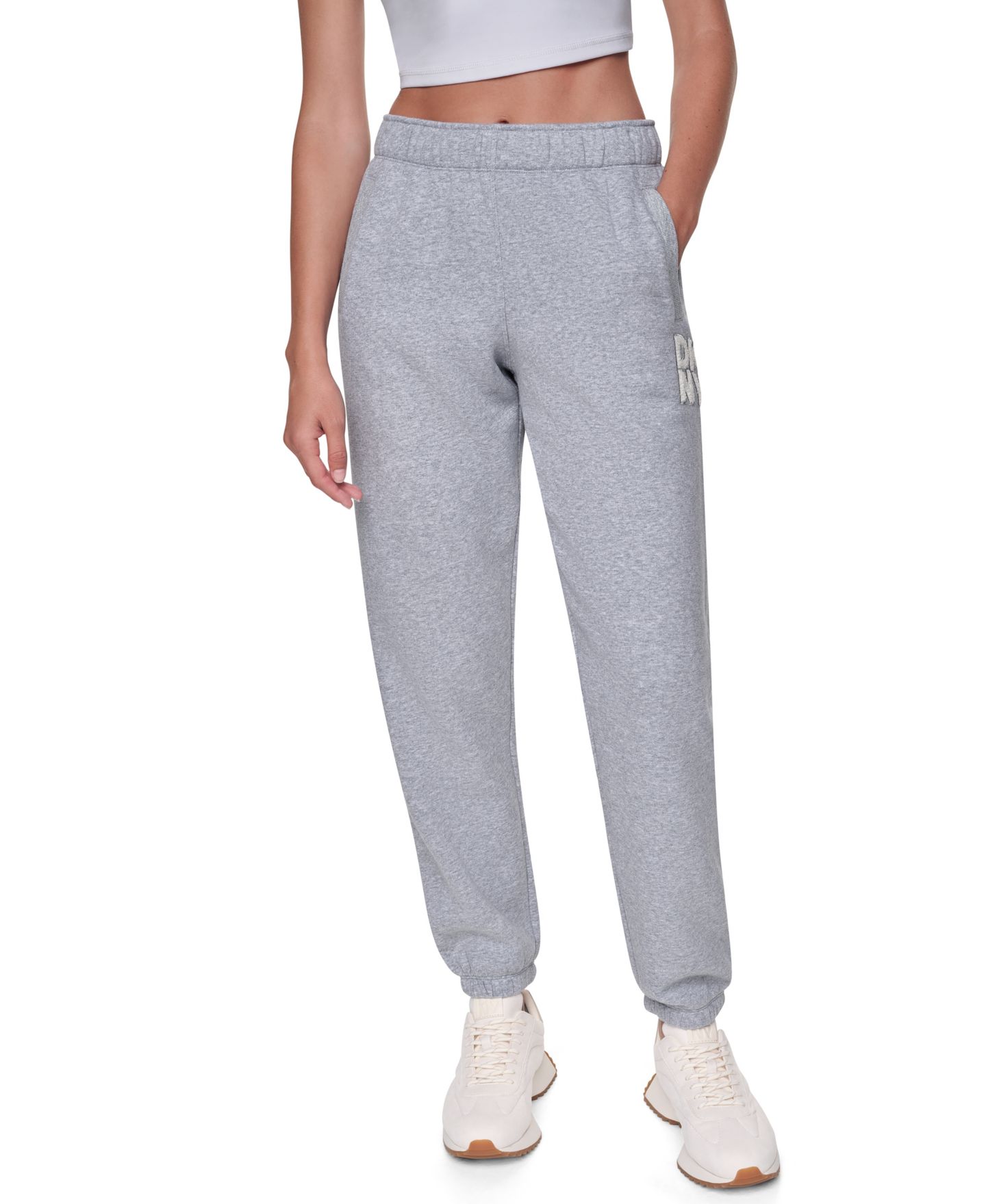 Женские брюки DKNY Sport Chenille Applique Logo Mid Rise, цвет: Жемчужный серый меланжевый — фото 1