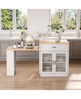 73-Inch Kitchen Island Cabinet with Extendable Table for 2-6 People, Mobile Rolling Storage Cart with 2 Drawers and Integrated Power Outlet