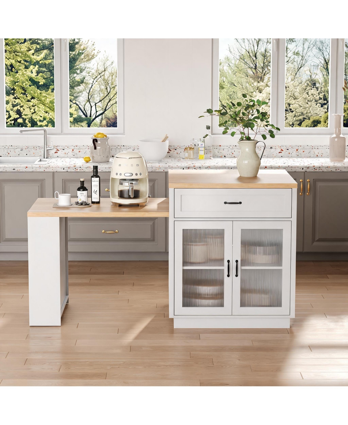 gaomon 73-Inch Kitchen Island Cabinet with Extendable Table for 2-6 People, Mobile Rolling Storage Cart with 2 Drawers and Integrated Power Outlet