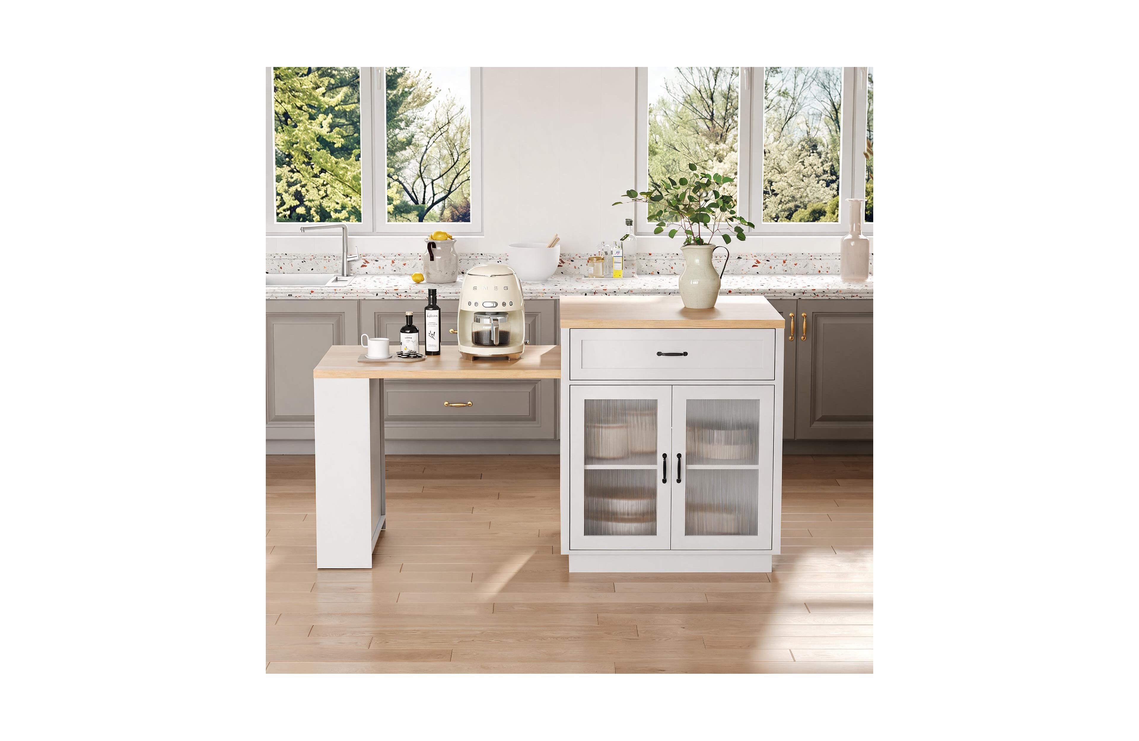gaomon 73-Inch Kitchen Island Cabinet with Extendable Table for 2-6 People, Mobile Rolling Storage Cart with 2 Drawers and Integrated Power Outlet