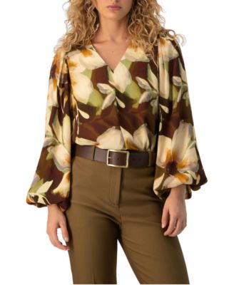 Women's Floral-Print Puff-Sleeve V-Neck Blouse