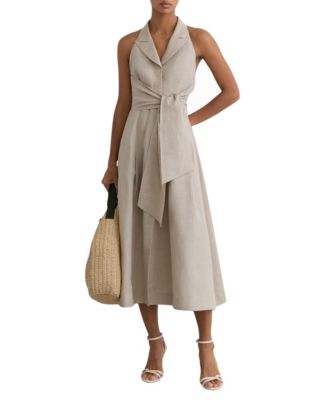 Women's Taya Open-Back A-Line Linen Midi Dress