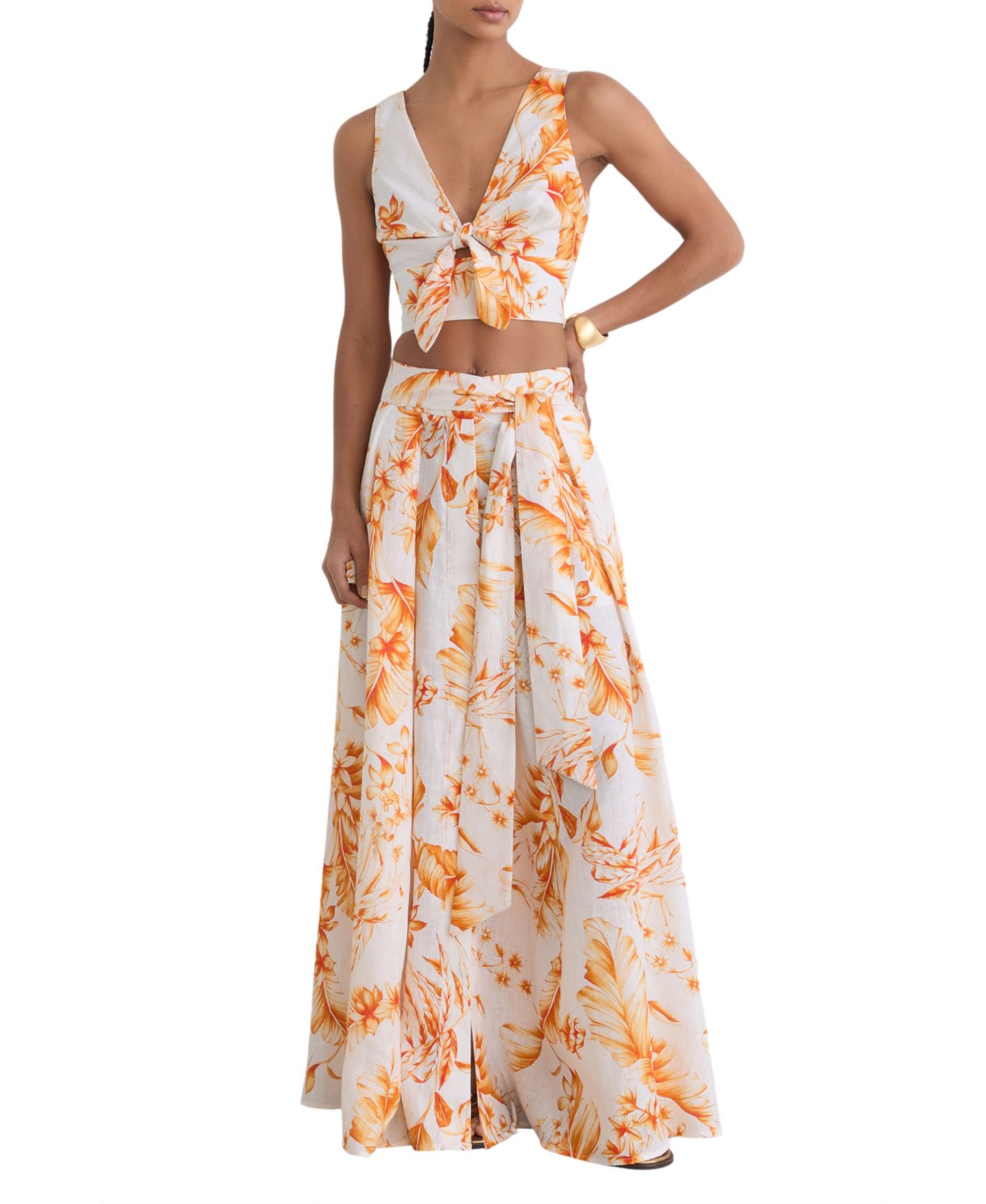 Женский топ REISS Milly Printed Tie-Front Open-Back Linen, цвет: Ivoryorang — фото 3
