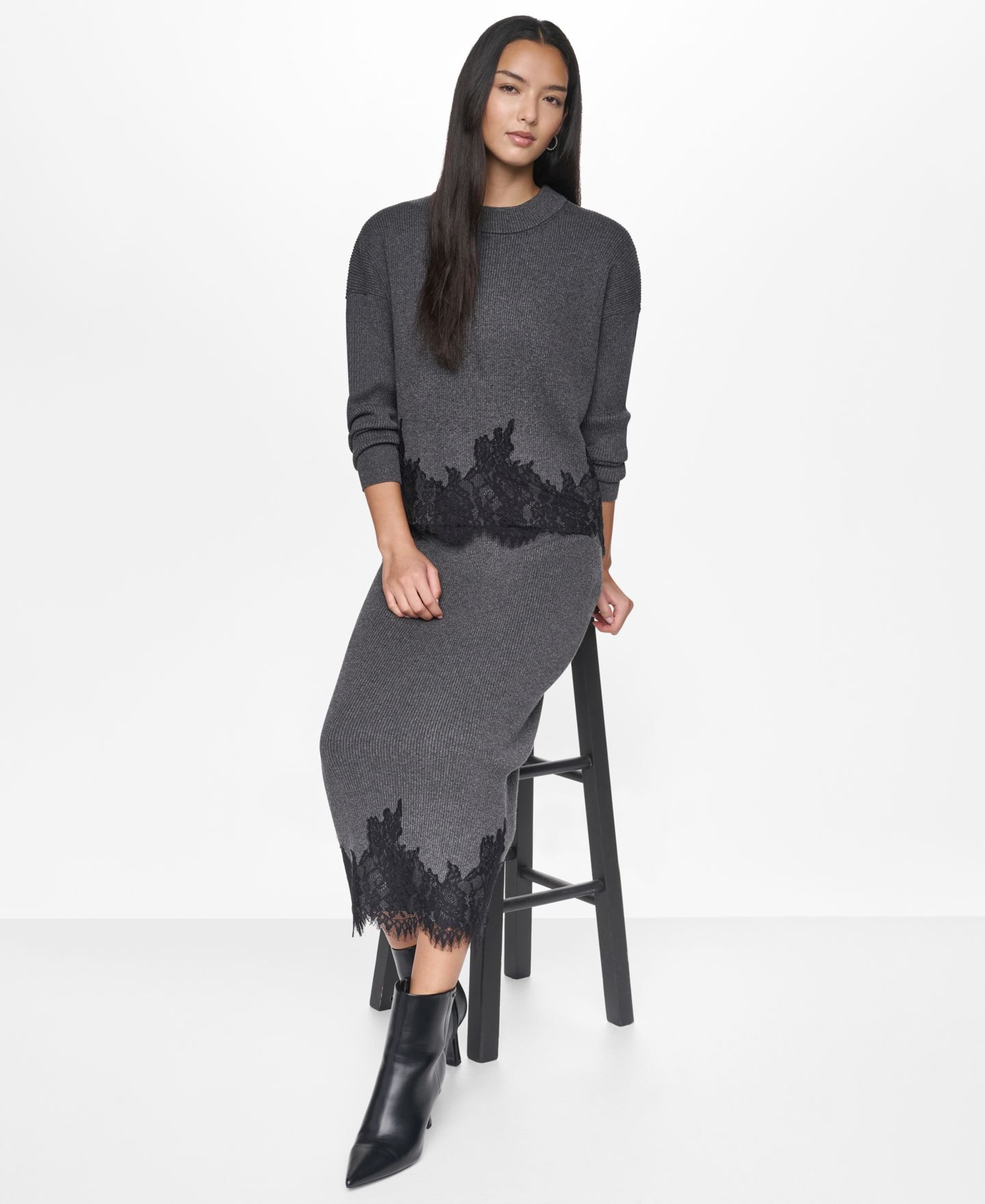 Женская юбка DKNY Lace-Trim High-Waisted Midi, цвет: Асфальтовый — фото 8