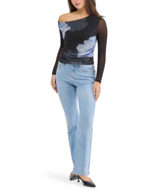 Juniors' Asymmetrical Off-the-Shoulder Mesh Top