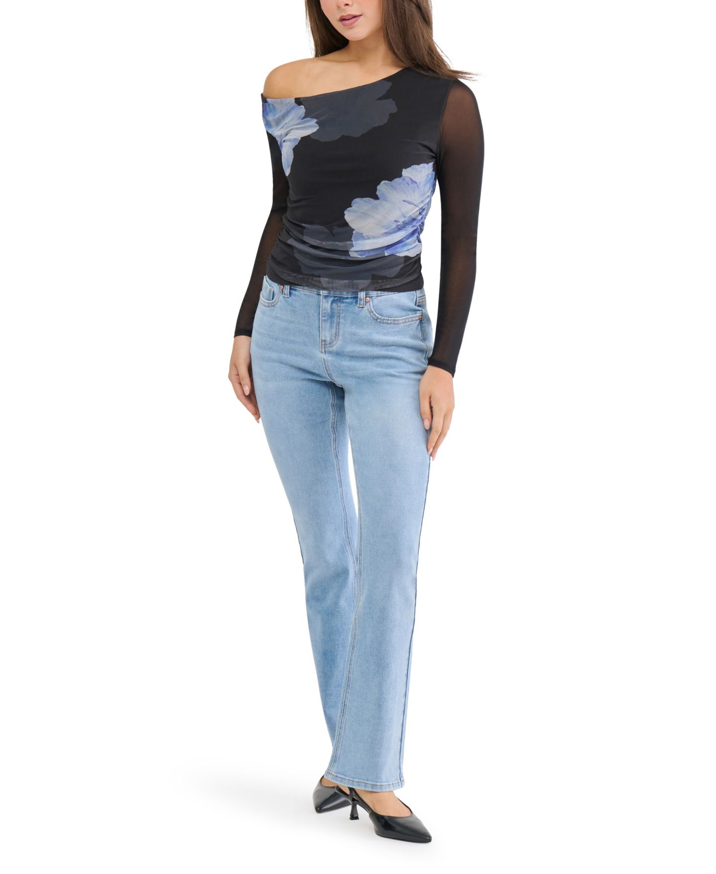 Женский топ Madden Girl Juniors' Asymmetrical Off-the-Shoulder Mesh Top, цвет: Чёрный — фото 1