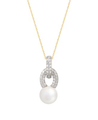 Cultured Freshwater Pearl and Diamond (1/2 ct. t.w.) 18" Pendant Necklace in 10k Yellow Gold