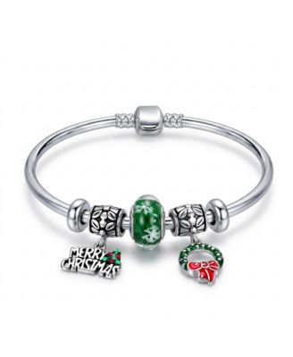 Merry Christmas Holiday Charm Bead Bangle Bracelet .925 Sterling Silver