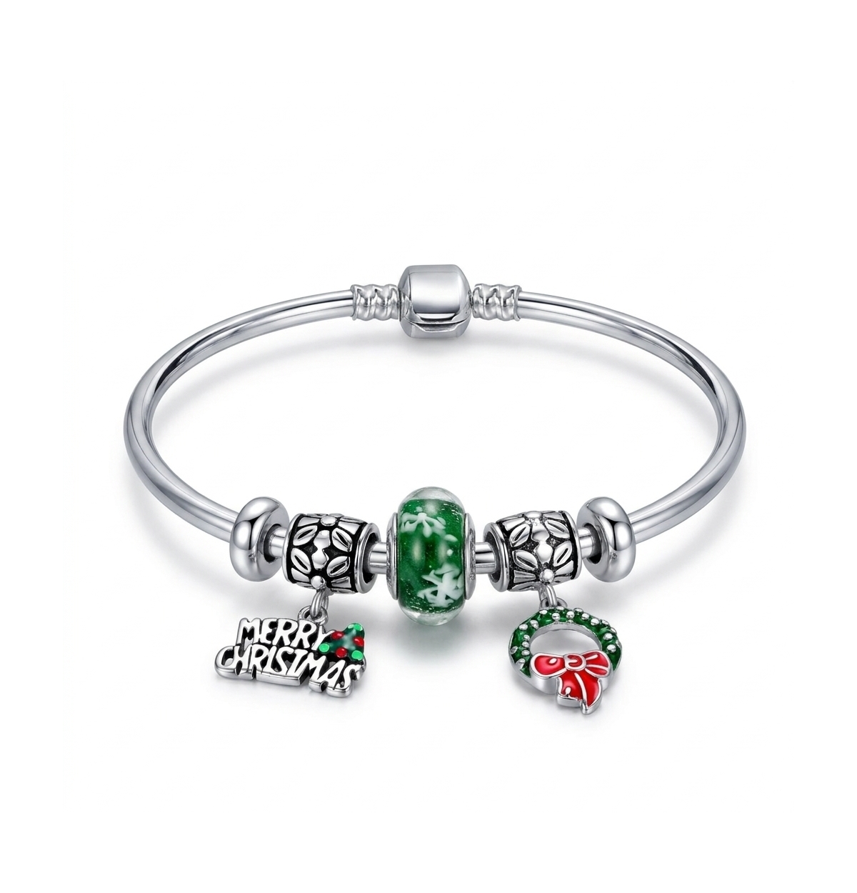Bling Jewelry Women's Sterling Silver Murano Glass Merry Christmas Snowflake Wreath Charm Bangle Bracelet - Green