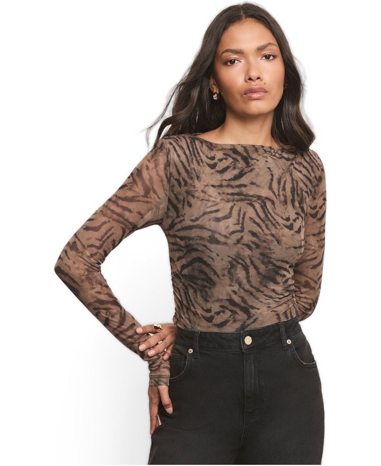 Женский топ Mint Velvet Long-Sleeve Animal Print Draped Boat Neck, цвет: Коричневый — фото 3
