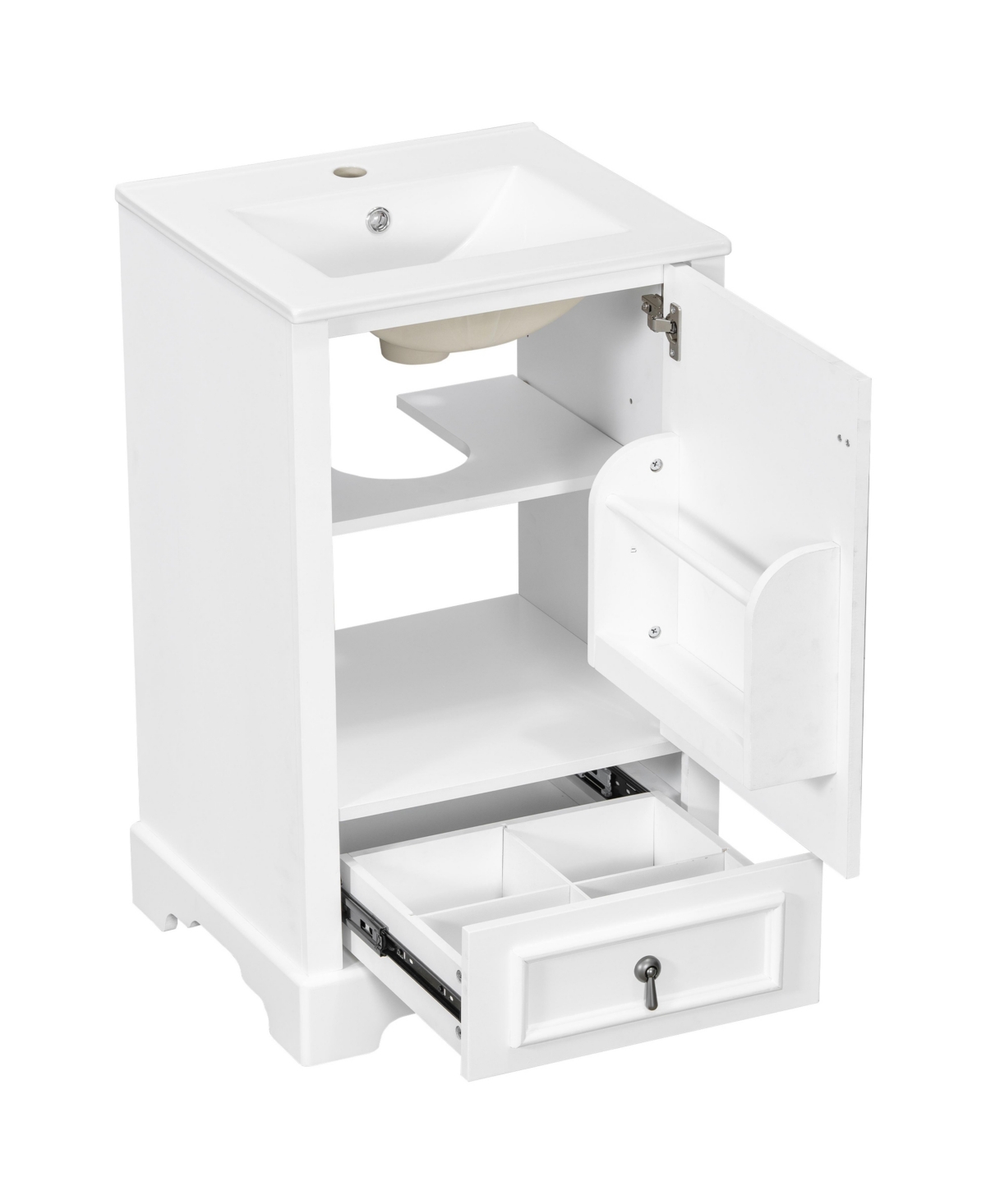 Sillysis 20 Inch Freestanding Bathroom Vanity, Mdf Cabinet with Solid Wood Frame, Ceramic Integrated Sink, Door-Mounted Organizer, Assembly Required -