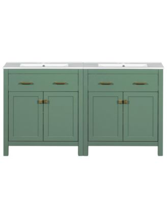 60 Inch Freestanding Bathroom Vanity Set, MDF Cabinets with Solid Wood Frames, Ceramic Integrated Sinks, Tip-Out Drawers, Assembly Required