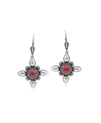 Rhodonite Compass Star Dangle Earrings in Sterling Silver