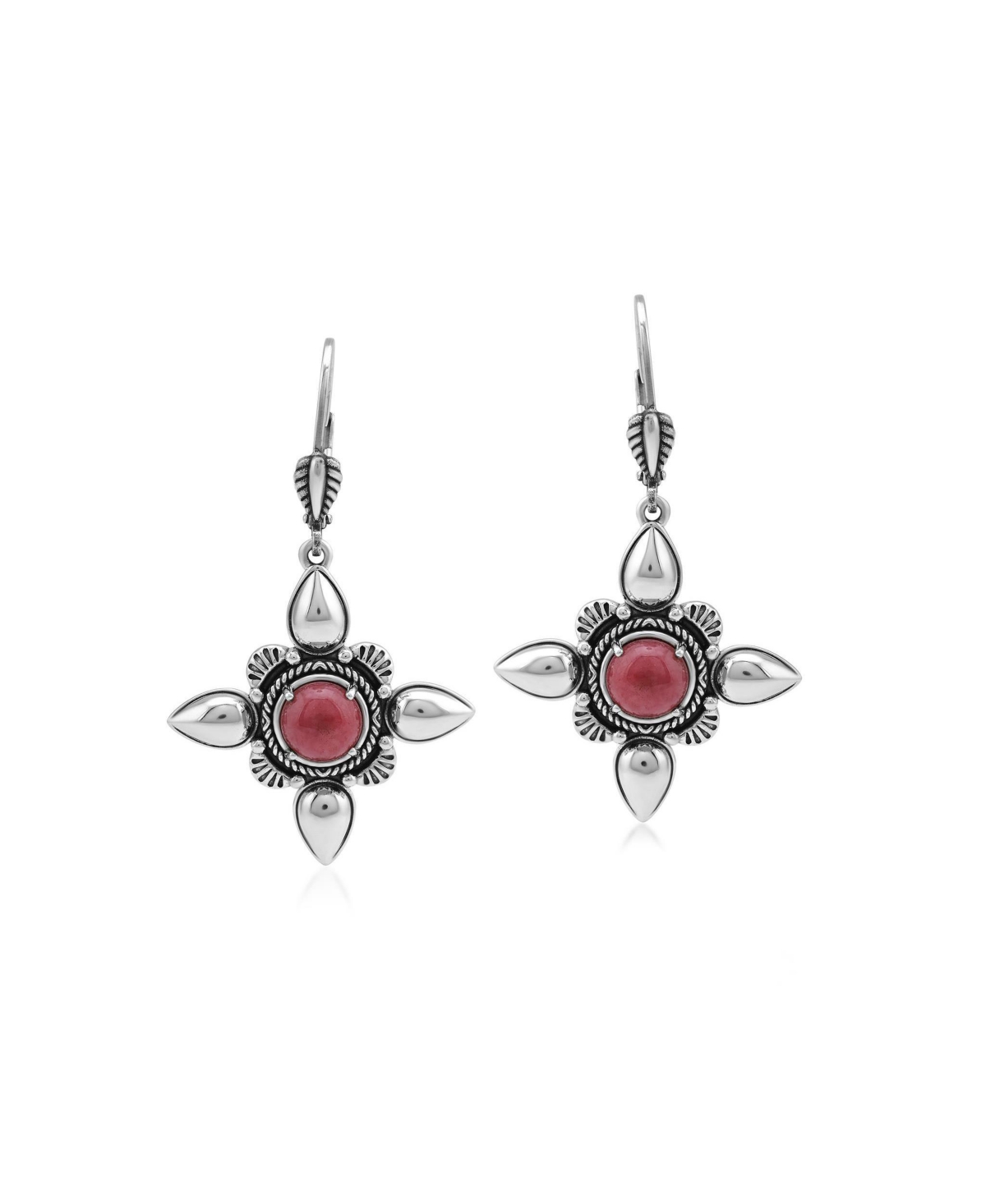American West Jewelry Rhodonite Compass Star Dangle Earrings in Sterling Silver - Rhodonite