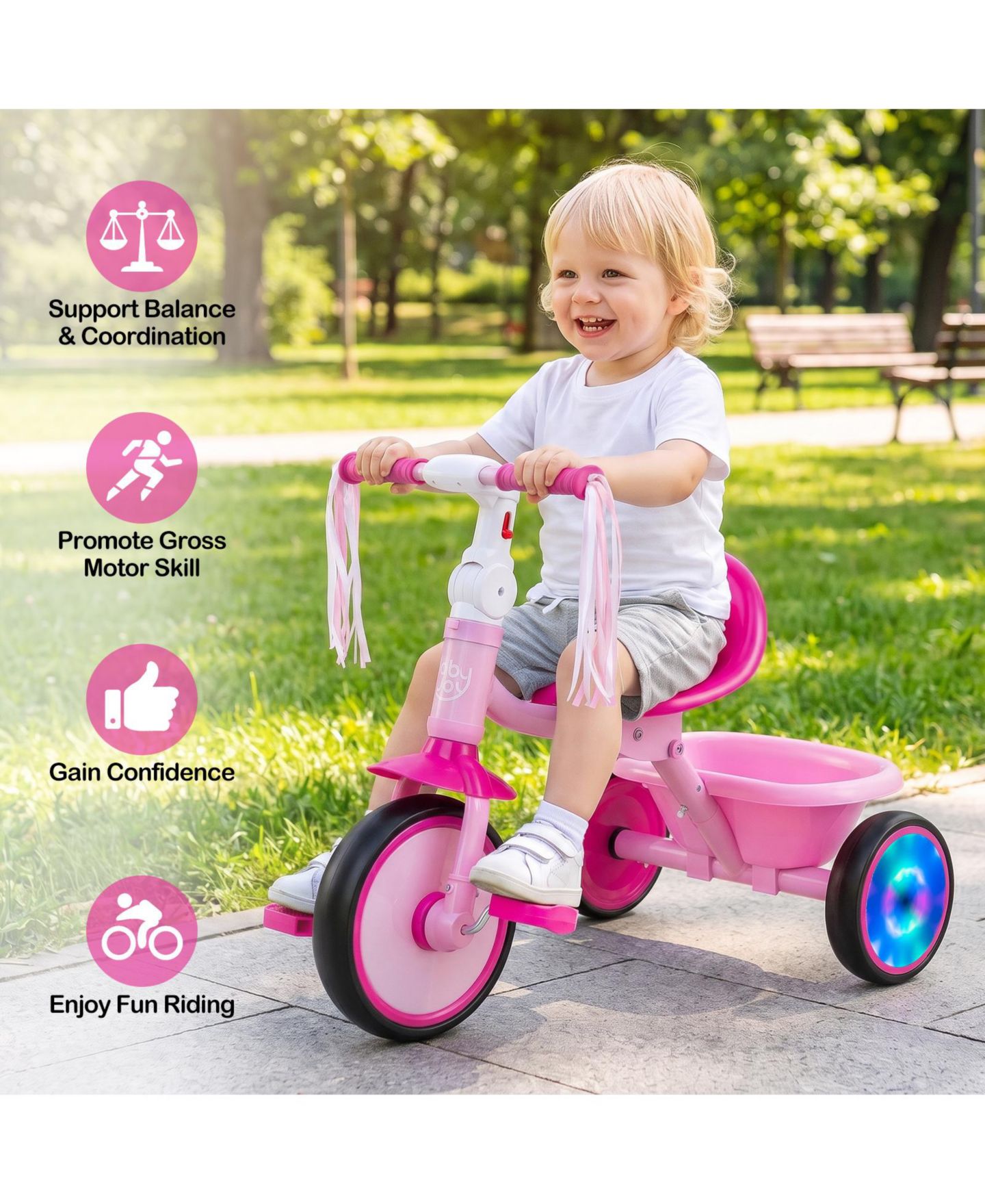 Детская игрушка Costway Foldable Toddler Tricycle with Light-Up Wheels and Adjustable Seat, 55 lb. Capacity, Ages 2-5, цвет: Розовый — фото 3