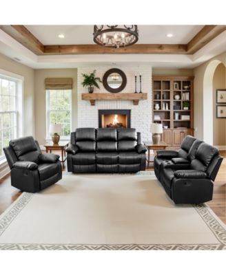 3-Piece Leather Recliner Sofa Set, 1-Seater Chair and 2-Seater Loveseat and 3-Seater Couch with Storage, Cup Holders and Coffee Table