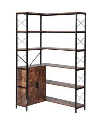 6-Tier 70in Farmhouse L-Shaped Corner Bookcase with Storage Cabinet 2 Barn Doors and 10 Shelves