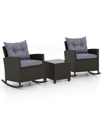 3-Piece Patio Rattan Rocker Chairs with Tempered Glass Table and Soft Cushions
