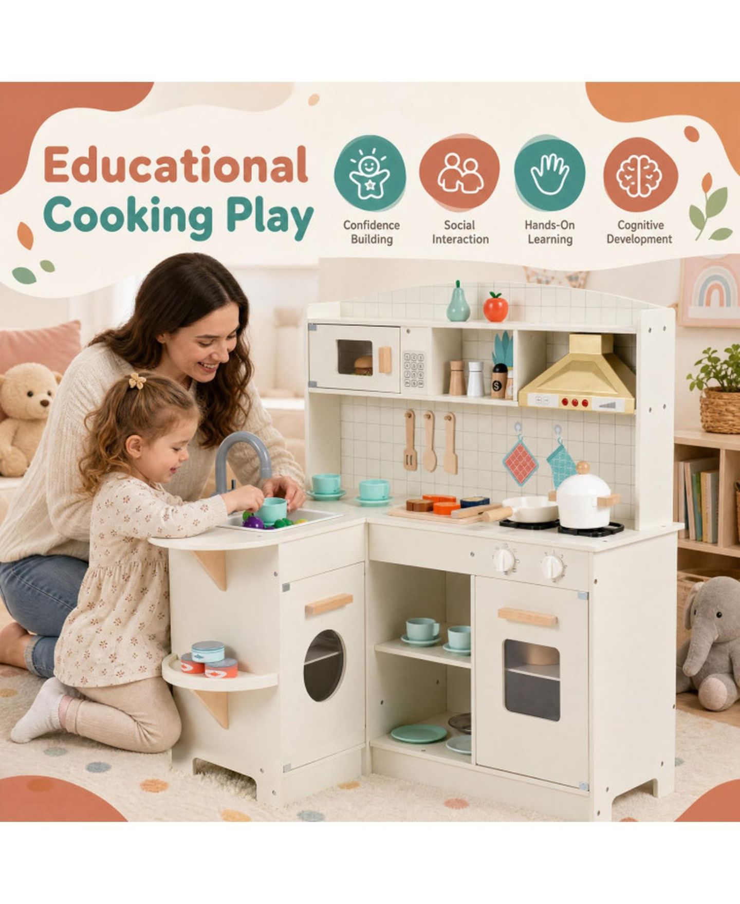 Детская игрушка HONGGE Lights and Sounds Wooden Play Kitchen, Ages 3+ — фото 9