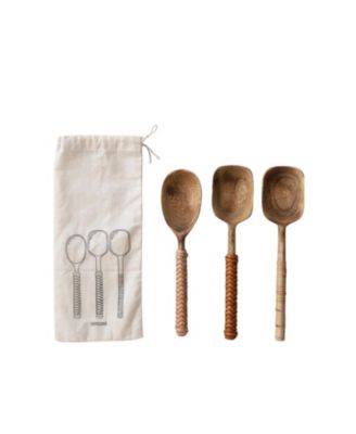 Mango Wood Spoons with Bamboo and Leather Wrapped Handles, Set of 3 in Printed Drawstring Bag