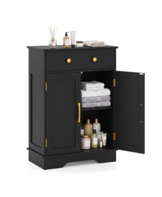 Bathroom Floor Storage Cabinet with 2 Doors, Drawer and Gold Handles