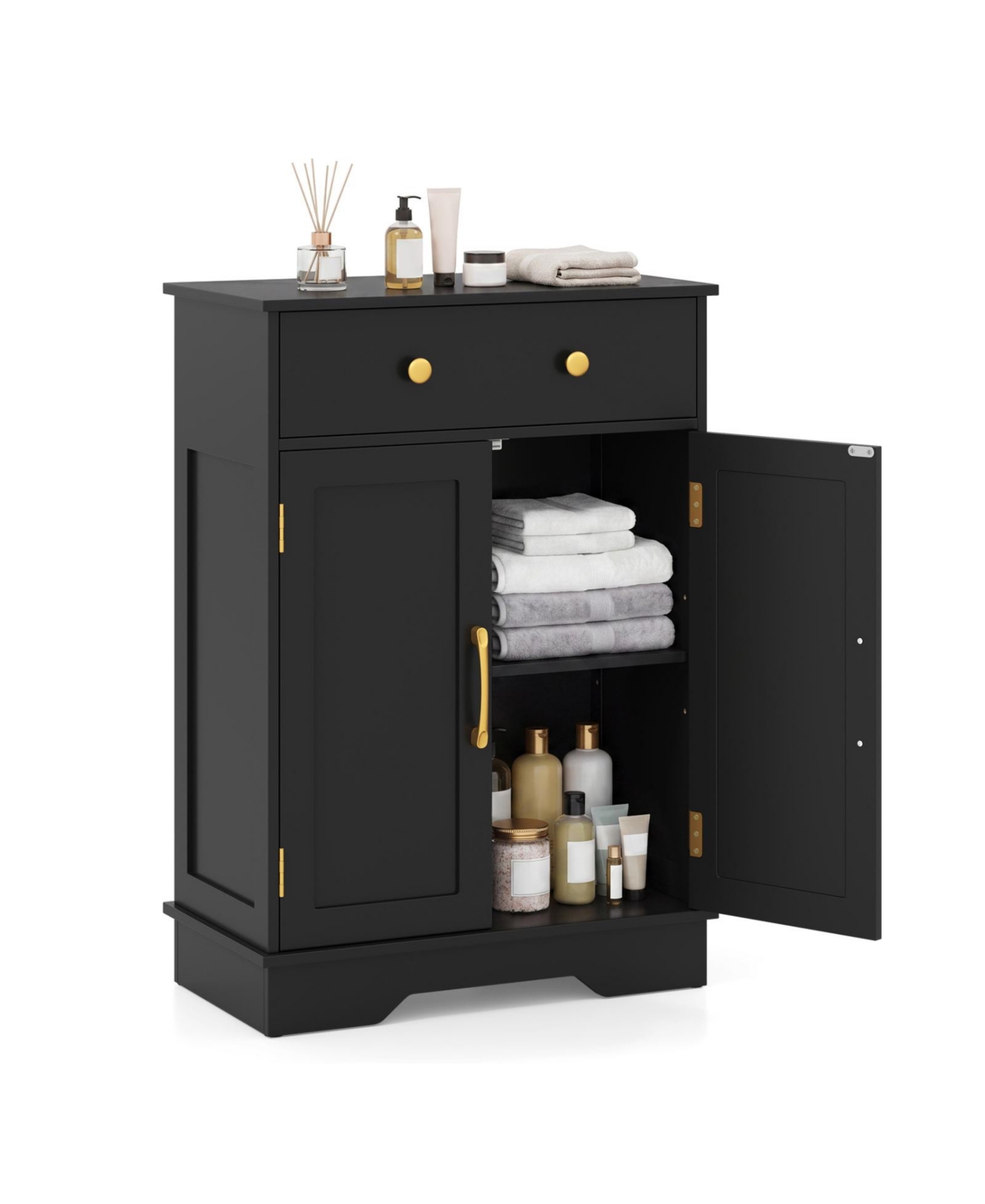 Volenca Bathroom Floor Storage Cabinet with 2 Doors, Drawer and Gold Handles - Black