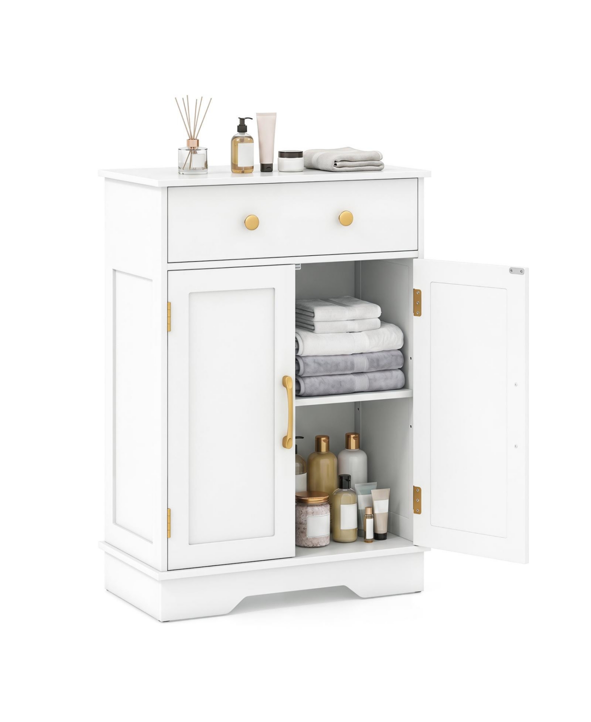 Volenca Bathroom Floor Storage Cabinet with 2 Doors, Drawer and Gold Handles - White