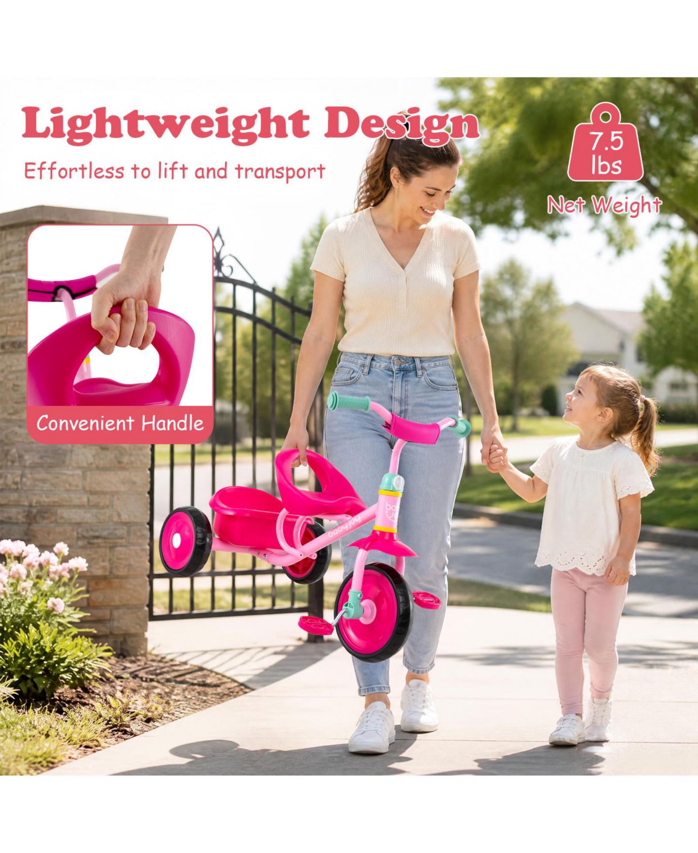 Детская игрушка Costway Toddler Tricycle with Removable Storage Basket, Indoor/Outdoor, 55 lbs Capacity, 2–5 лет, цвет: Розовый — фото 10
