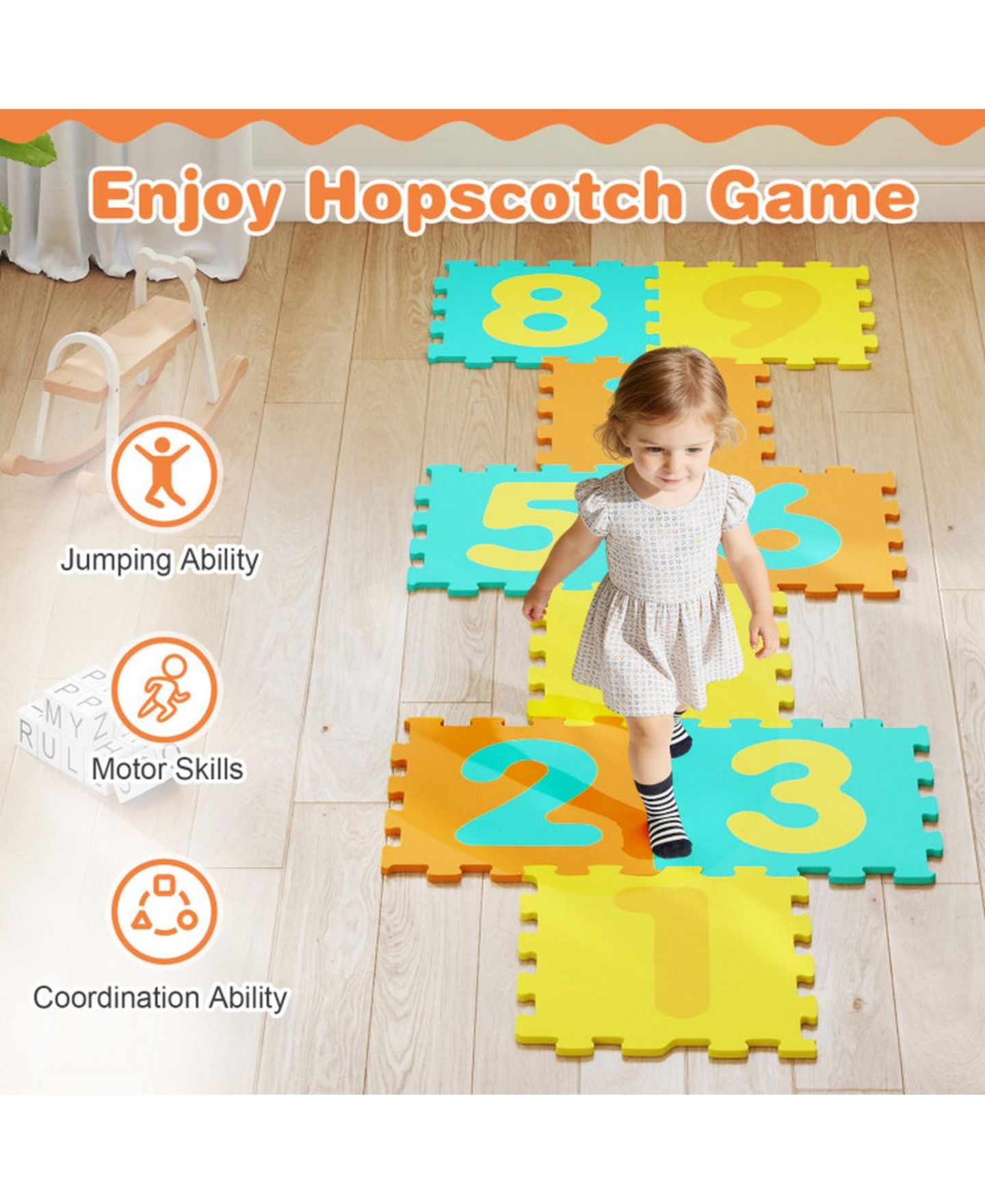 Детские игрушки HONGGE 9 Piece Foam Hopscotch Play Mat with Three Marker Discs, Ages 10 Months+, цвет: Assorted Tile Colors — фото 4