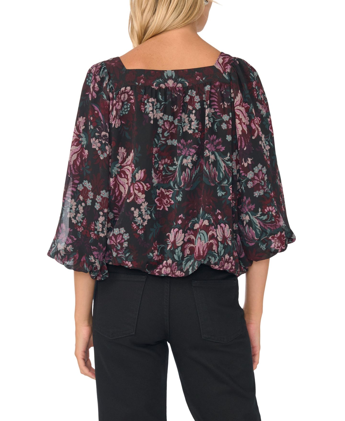 Женская блузка Vince Camuto Damask Floral Square Neck Bubble Short-Sleeve, цвет: Насыщенный чёрный — фото 4