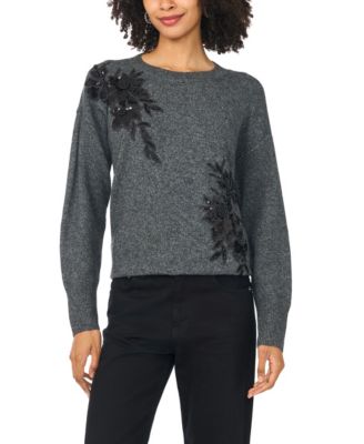 Women's Crewneck Embellished Sequin Floral Long-Sleeve Sweater